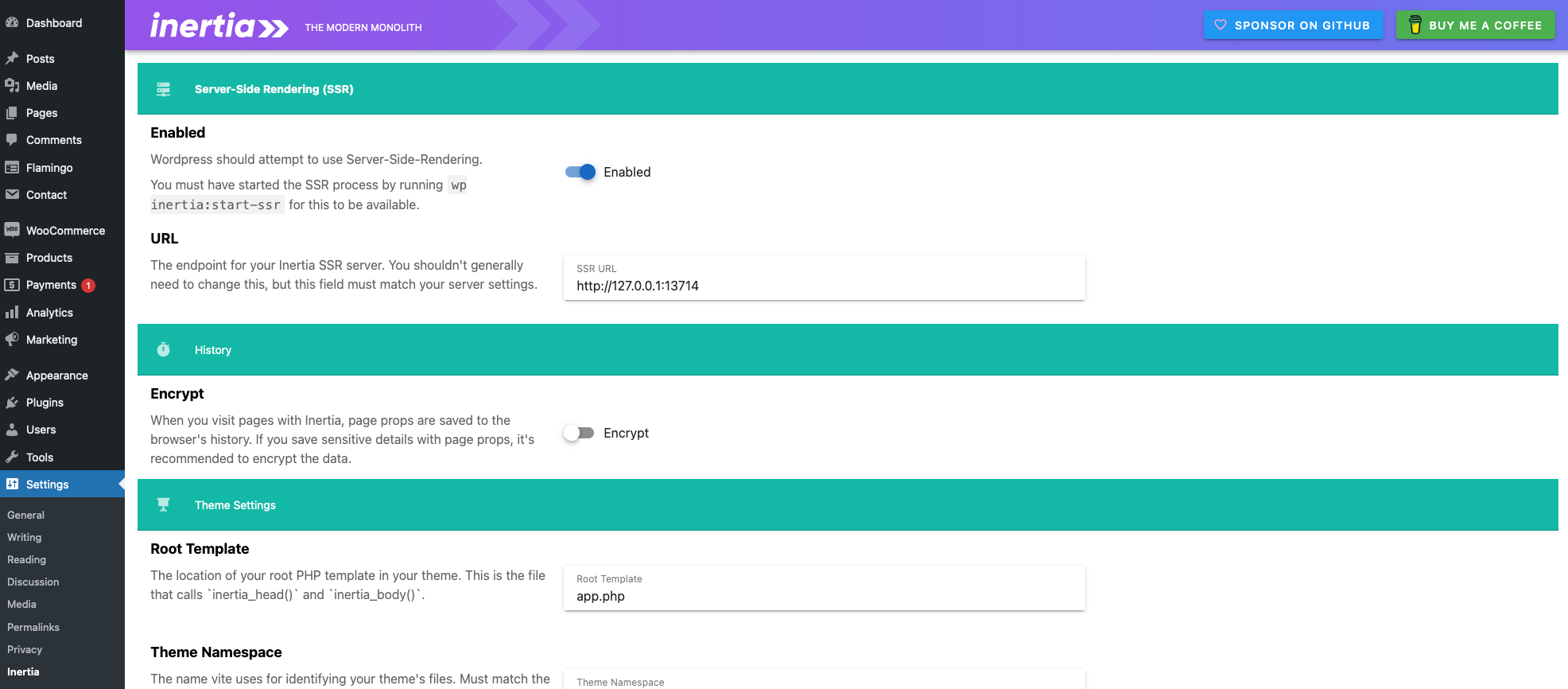 Wordpress Inertia settings page