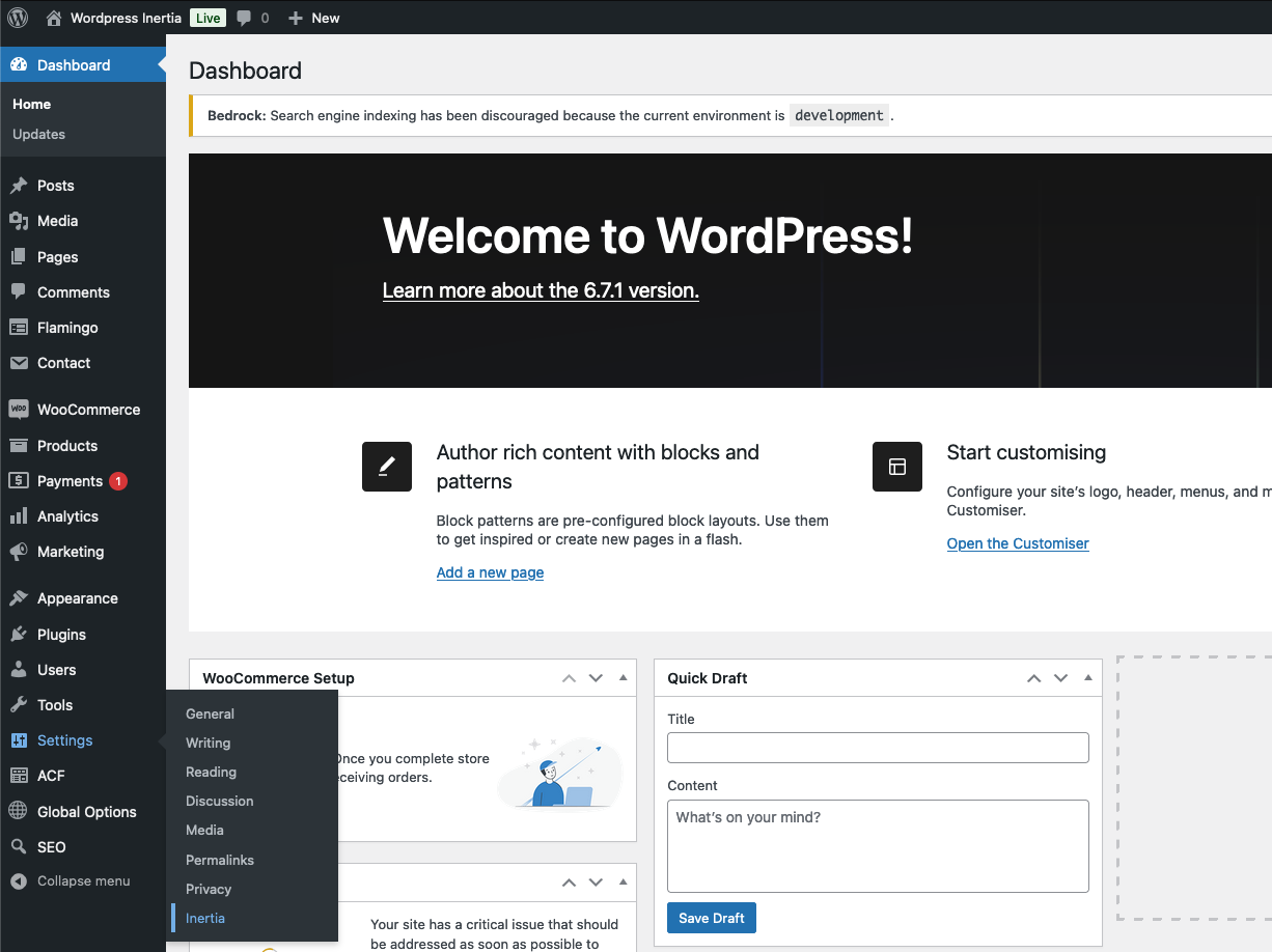 Wordpress Inertia settings